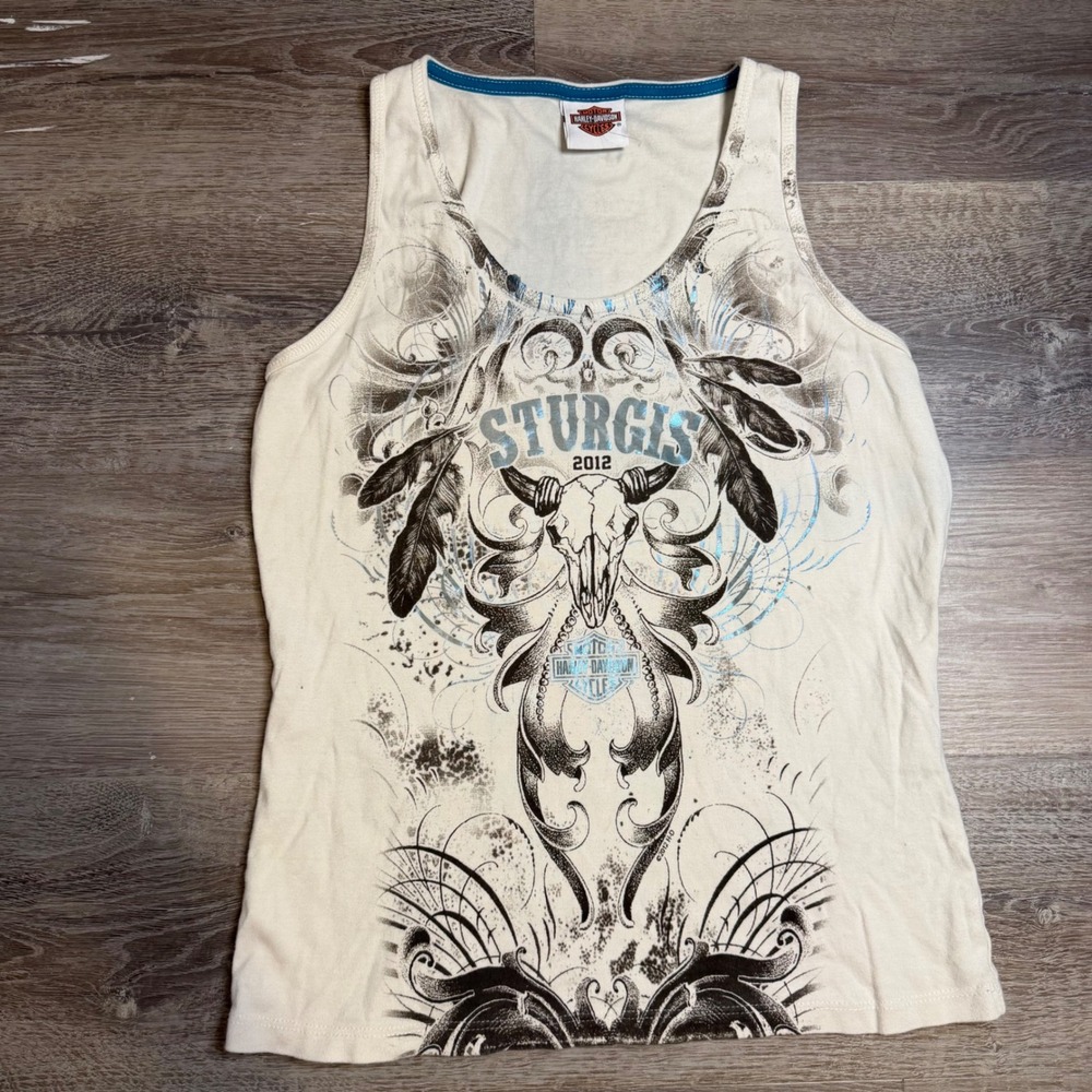 Y2K Harley-Davidson Sturgis 2012 Tank Top Womens 2XL Cream Skull Graphic Tee